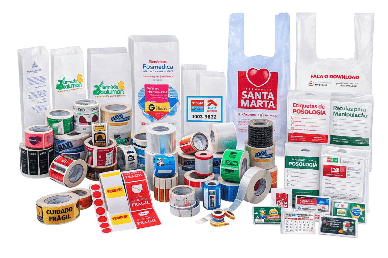 Embalagens personalizadas para farmácias expostas em balcão moderno